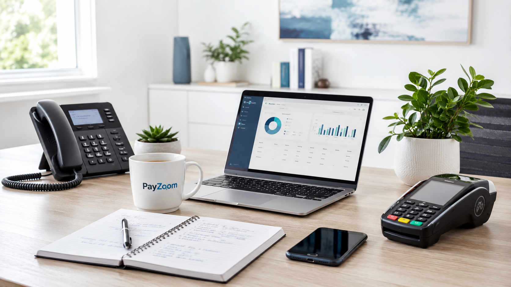 A PayZoom-equipped desk — desk phone, branded mug, laptop dashboard, and card terminal